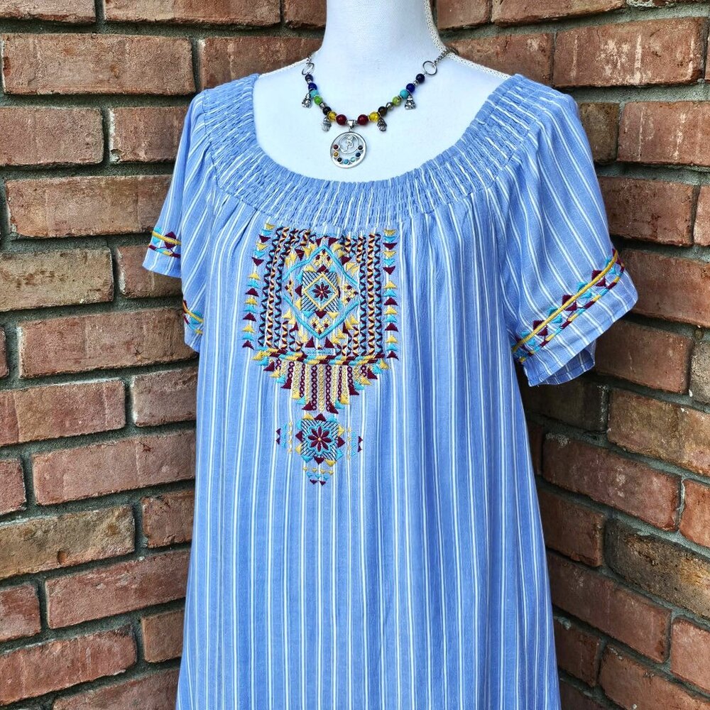 Andree by UNIT Dress. Blue White Striped Colorful Southwestern Embroidery Size M - Picture 6 of 15